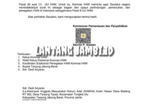 Aneh !! Tanjabbar Belum Terima Surat Atensi Komnas HAM RI, Terkait Laporan Masyarakat Badang 